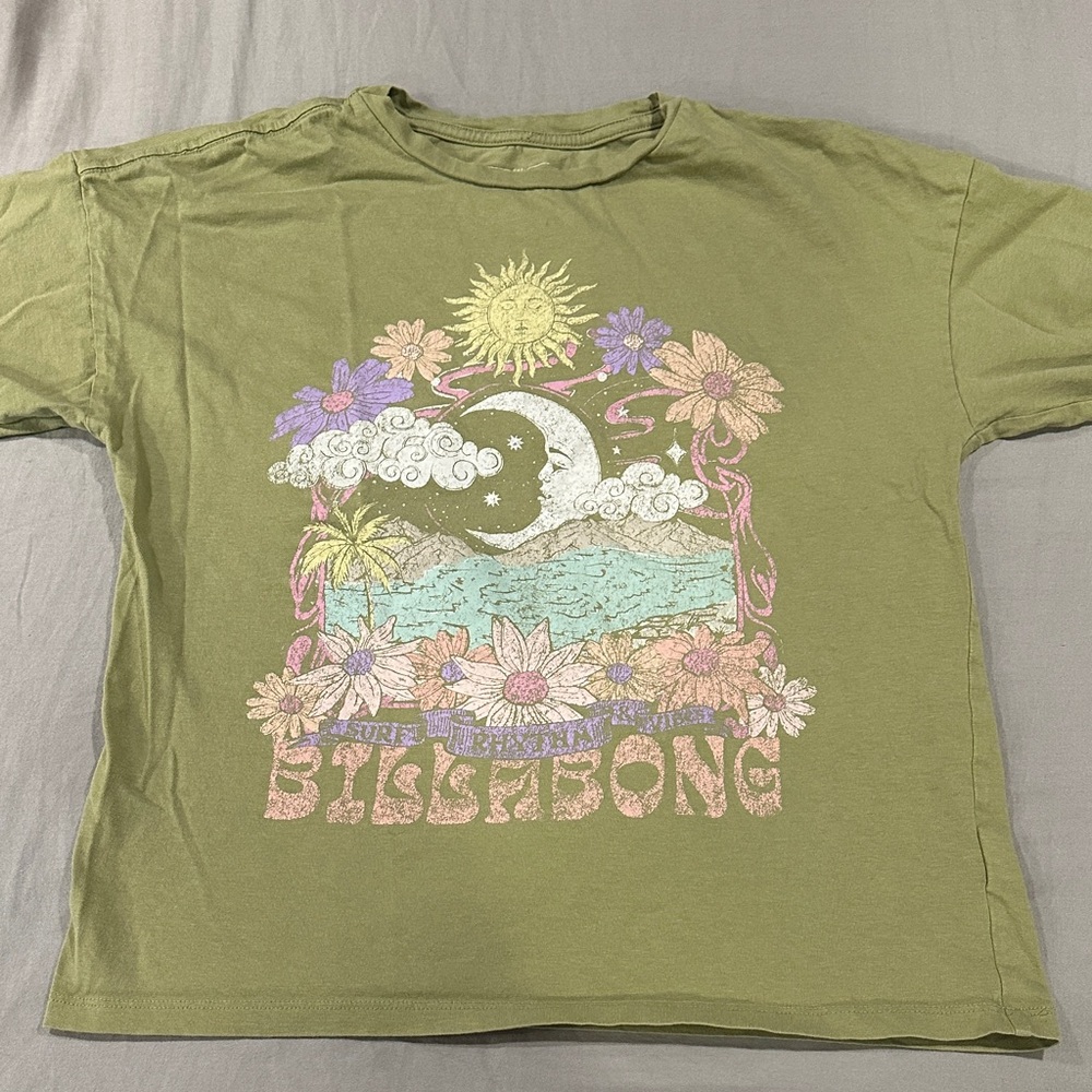 Billabong Olive Graphic Tee with Pastel Floral Moon